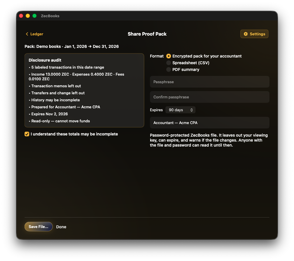 Share disclosure before exporting a proof pack